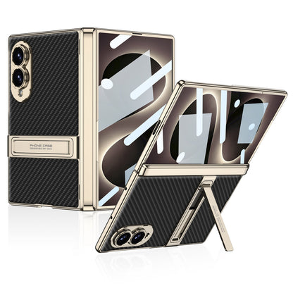 Leather Case For Galaxy Z Fold 8 – Gold-Finish Frame, Built-In Tempered Glass Film & Hidden Kickstand