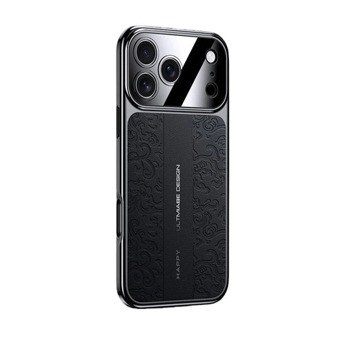 iPhone 17 Pro Max Embossed Leather Case with Metal Camera Shield