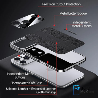 iPhone 17 Pro Max Embossed Leather Case with Metal Camera Shield