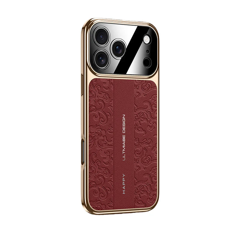 iPhone 17 Pro Max Embossed Leather Case with Metal Camera Shield