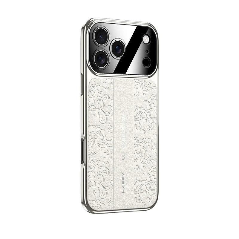 iPhone 17 Pro Max Embossed Leather Case with Metal Camera Shield