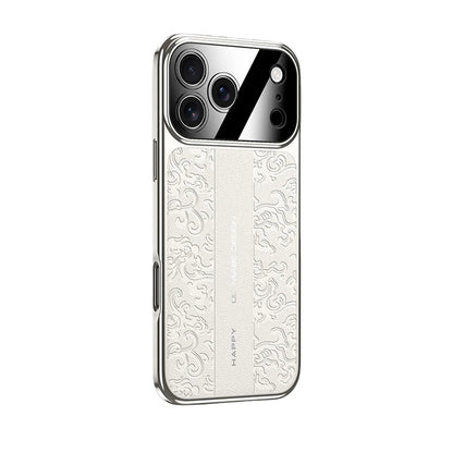 iPhone 17 Pro Max Embossed Leather Case with Metal Camera Shield