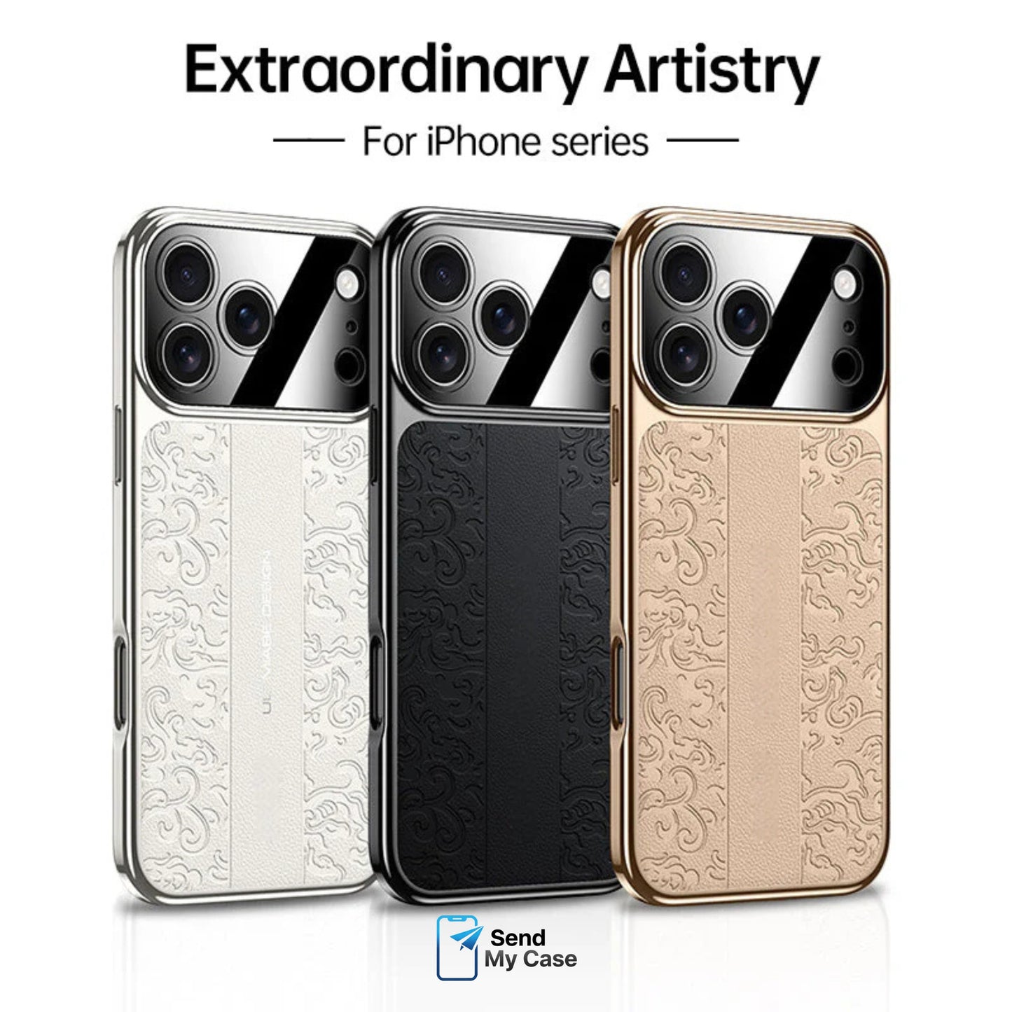 iPhone 17 Pro Max Embossed Leather Case with Metal Camera Shield