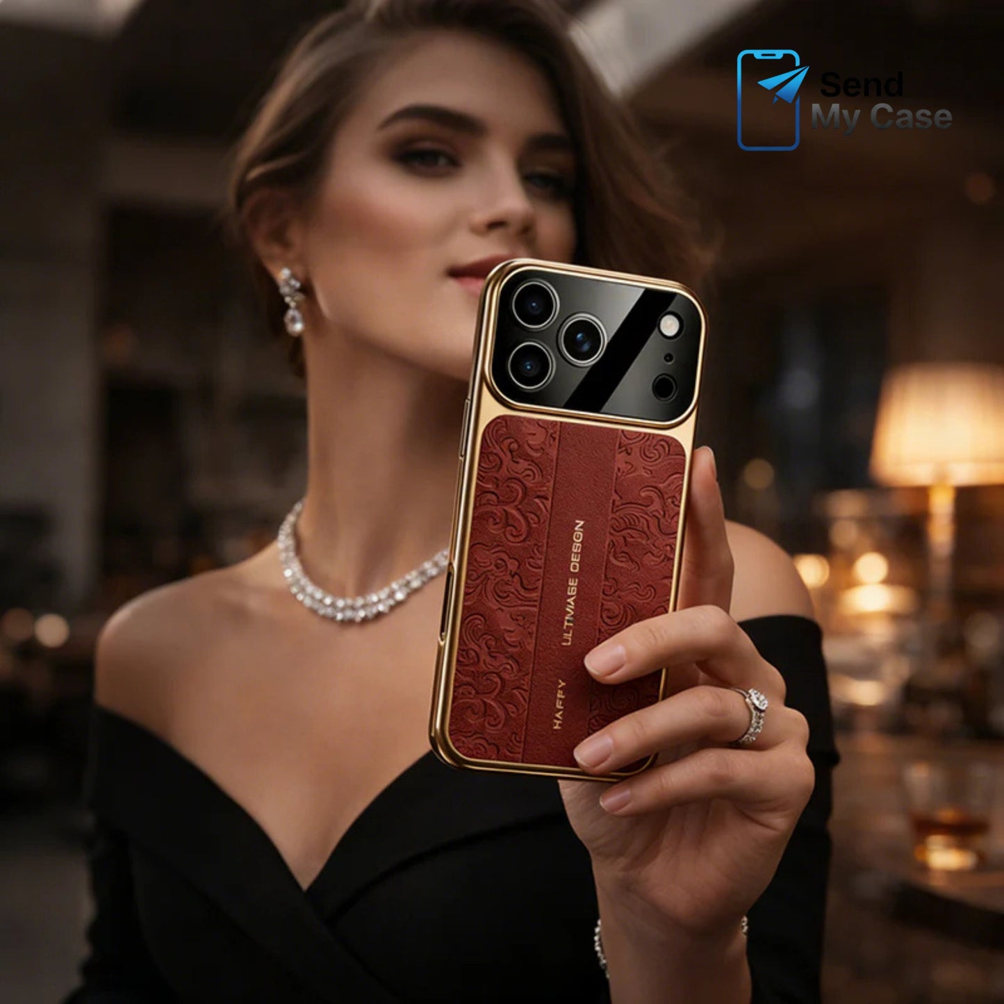 iPhone 17 Pro Max Embossed Leather Case with Metal Camera Shield