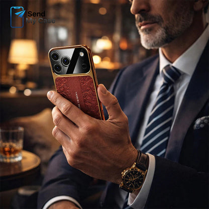 iPhone 17 Pro Max Embossed Leather Case with Metal Camera Shield
