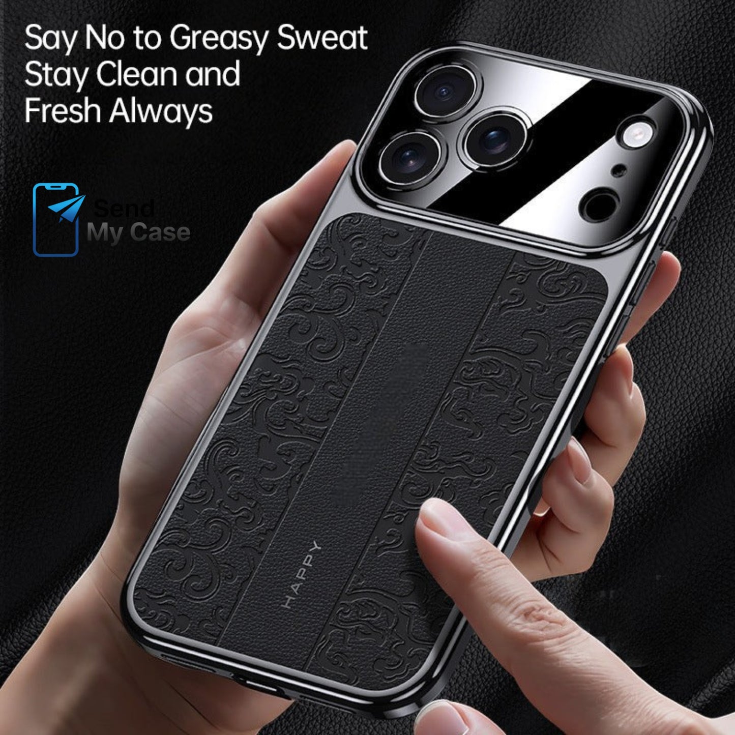 iPhone 17 Pro Max Embossed Leather Case with Metal Camera Shield
