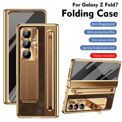 Leather Golden Electroplated Phone Case With Back Screen Glass and Stylus For Galaxy Z Fold 8
