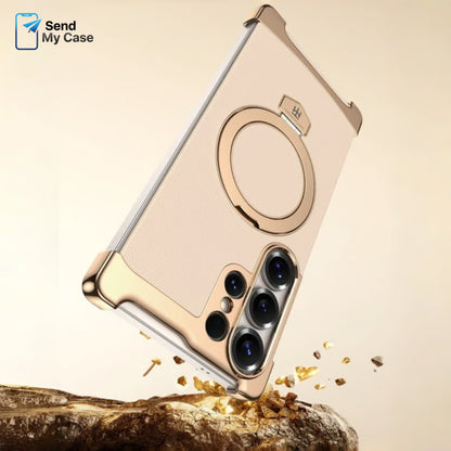 Galaxy S26 Ultra MagSafe Ring Stand Leather Case With Electroplated Frame