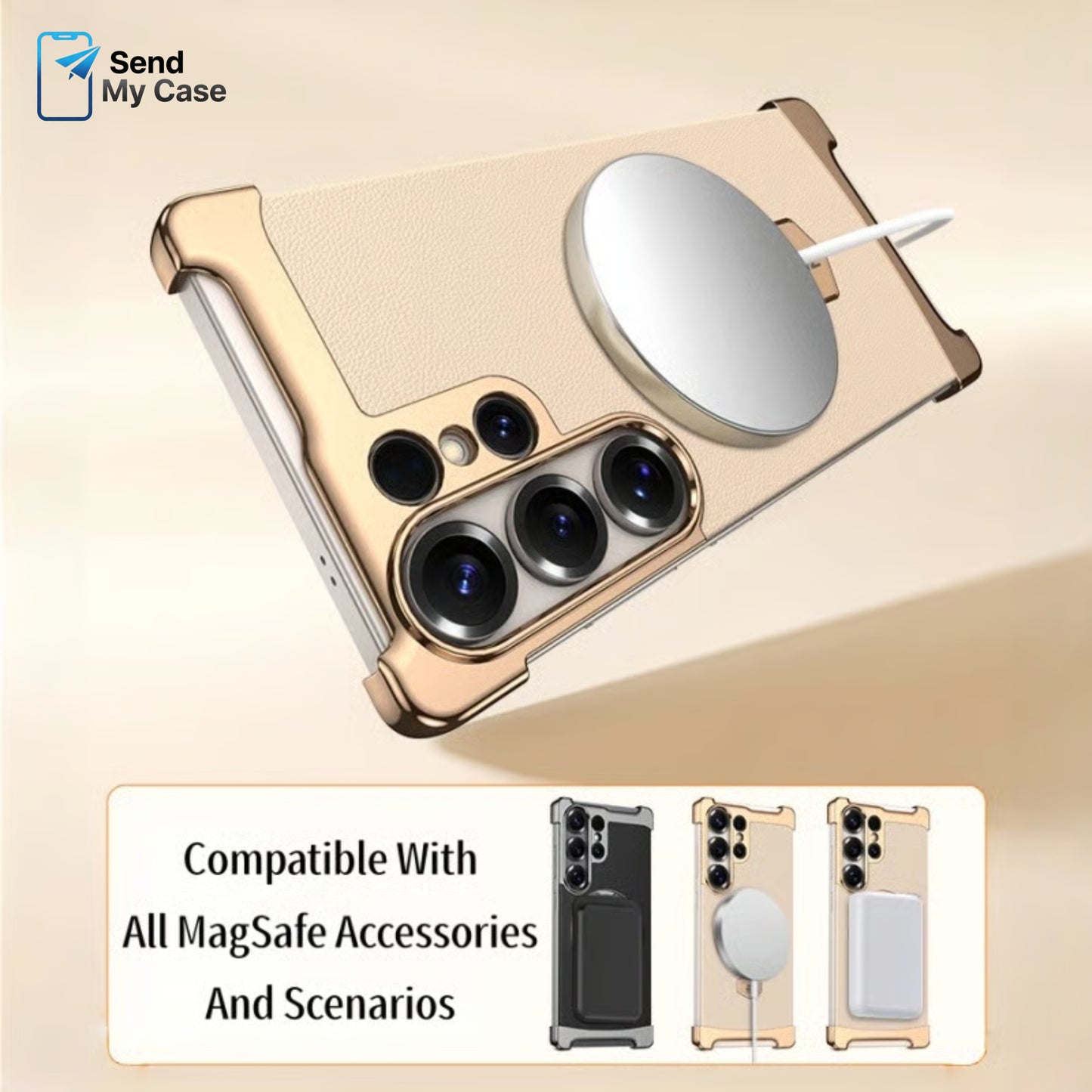 Galaxy S26 Ultra MagSafe Ring Stand Leather Case With Electroplated Frame