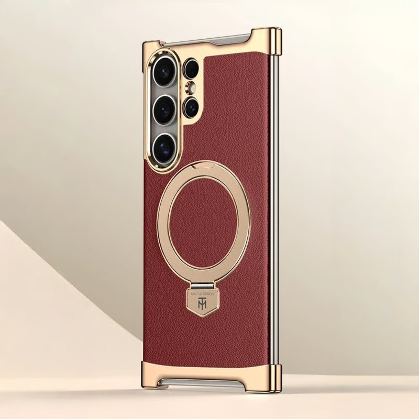 Galaxy S26 Ultra MagSafe Ring Stand Leather Case With Electroplated Frame