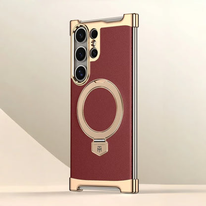 Galaxy S26 Ultra MagSafe Ring Stand Leather Case With Electroplated Frame